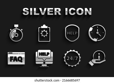 Set Computer monitor and help, Telephone 24 hours support, Information, Clock, Browser FAQ, Shield with text Help, Stopwatch and Checklist service icon. Vector