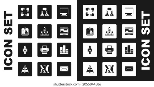 Set Computer monitor, Hierarchy organogram chart, Identification badge, Project team base, Chat messages laptop, Two sitting men talking, Award over winner podium and Stage stand tribune icon. Vector
