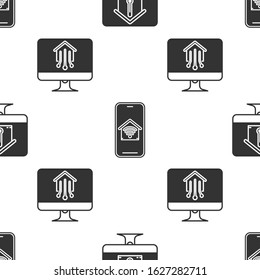 Set Computer monitor with house temperature, Mobile phone with smart home with wi-fi and Computer monitor with smart home on seamless pattern. Vector