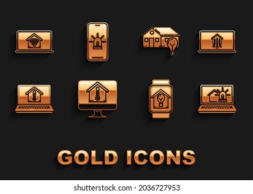 Set Computer monitor with house temperature, Laptop smart home, and alarm, Smart watch light bulb, wi-fi and Mobile phone icon. Vector