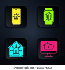 Set Computer monitor with house under protection, Mobile phone with smart house and alarm, Smart house and alarm and Smart home with smart watch. Black square button. Vector