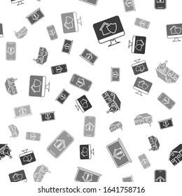 Set Computer monitor with house under protection, Laptop with house temperature, Smart house and light bulb and Mobile phone with house temperature on seamless pattern. Vector