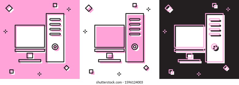 Set Computer monitor icon isolated on pink and white, black background. PC component sign.  Vector Illustration