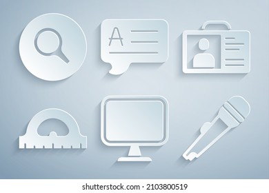 Set Computer monitor, Identification badge, Protractor grid, Microphone, Speech bubbles with Answer and Magnifying glass icon. Vector