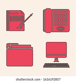 Set Computer monitor with keyboard, Blank notebook and pen, Telephone and Document folder icon. Vector