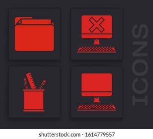 Set Computer monitor with keyboard, Document folder, Computer with keyboard and x mark and Pencil case stationery icon. Vector