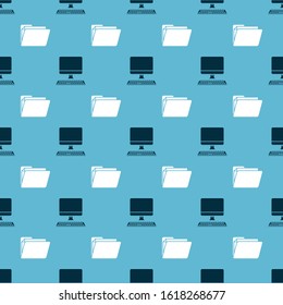 Set Computer monitor with keyboard and Document folder on seamless pattern. Vector