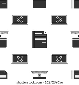 Set Computer monitor with keyboard, File document and Laptop and cross mark on screen on seamless pattern. Vector