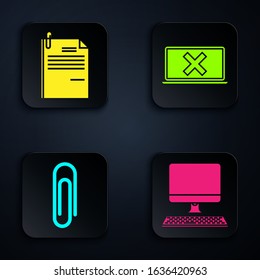 Set Computer monitor with keyboard, File document and paper clip, Paper clip and Laptop and cross mark on screen. Black square button. Vector