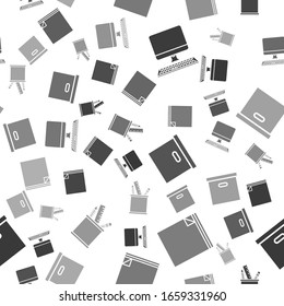 Set Computer monitor with keyboard, File document, Carton cardboard box and Pencil case stationery on seamless pattern. Vector