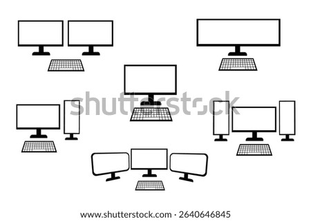 Set of Computer Monitor and Keyboard Icons in Various Arrangements. desktop monitor setup with keyboard as well as single screen, dual screen, triple screen, ultrawide screen and tower computer setup