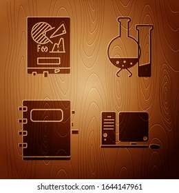 Set Computer monitor with keyboard and mouse, Board with graph chart, Notebook and Test tube and flask chemical laboratory test on wooden background. Vector