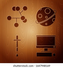 Set Computer monitor with keyboard and mouse, Molecule, Pipette and Planet on wooden background. Vector