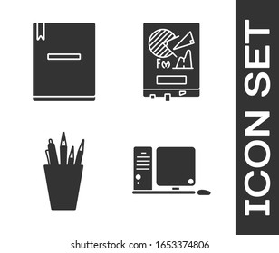 Set Computer monitor with keyboard and mouse, Notebook, Pencil case stationery and Board with graph chart icon. Vector