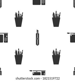 Set Computer monitor with keyboard and mouse, Stationery knife and Pencil case stationery on seamless pattern. Vector