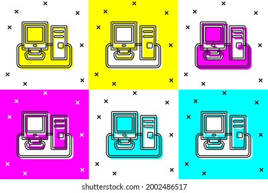 Set Computer monitor with keyboard and mouse icon isolated on color background. PC component sign.  Vector