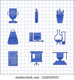 Set Computer monitor with keyboard and mouse, Graduate graduation cap, Test tube flask chemical laboratory test, Calculator, School backpack, Pencil case stationery and Award cup icon. Vector