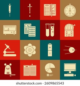 Set Computer monitor with keyboard and mouse, Astronomical observatory, Notebook, Pills in blister pack, Electrical measuring instruments, Syringe and Test tube flask chemical laboratory icon. Vector