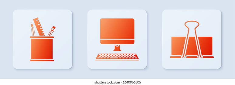 Set Computer monitor with keyboard, Pencil case stationery and Binder clip. White square button. Vector
