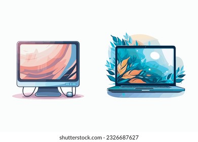 Set of computer monitor and laptop with nature design, Digital technology and communication theme Vector illustration