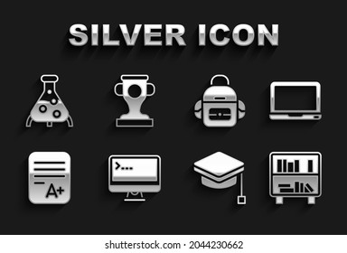 Set Computer monitor, Laptop, Shelf with books, Graduation cap, Exam sheet A plus grade, School backpack, Test tube and flask and Award cup icon. Vector