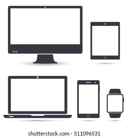 Set of computer monitor, laptop, smart watch, tablet and mobile phone icon. Vector isolated simple electronic gadgets.