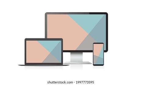 set computer monitor laptop and smartphone with colored screens realistic mockup gadgets and devices