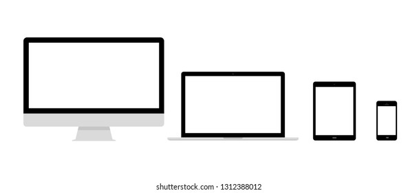 Set of computer monitor, laptop, tablet and mobile phone with blank screen. Flat style - stock vector.