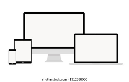 Set of computer monitor, laptop, tablet and mobile phone with blank screen. Flat style - stock vector.