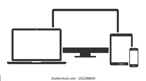 Set Of Computer Monitor, Laptop, Tablet And Mobile Phone With Blank Screen. Flat Style - Stock Vector.