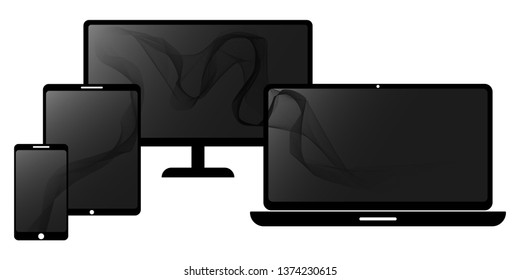 Set of computer monitor, laptop, tablet and mobile phone with black screen. Multi platform advantages. Flat style - stock vector.