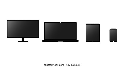 Set of computer monitor, laptop, tablet and mobile phone with black screen. Flat style - stock vector.