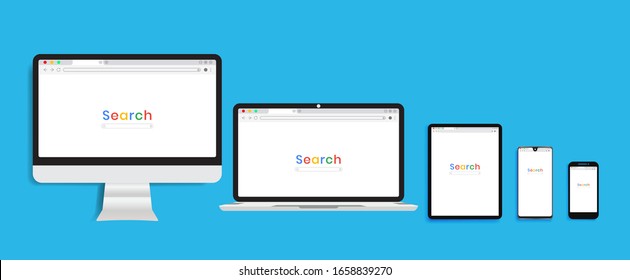 Set of Computer monitor, Laptop, Tablet, Smartphone with Browser and  bar. Browser in flat style for web. Vector illustration element.