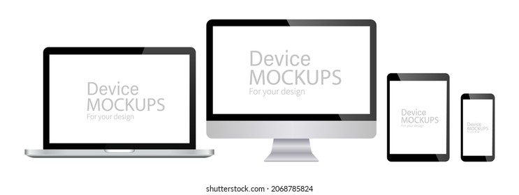 Set of computer monitor, laptop, tablet and mobile phone realistic mockup. Blank devices template. Stock vector element.