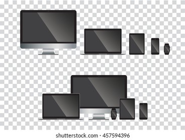 set of computer monitor, laptop, tablet, mobile phones smart phone. Electronic gadget isolated vector illustration