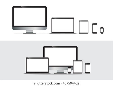set of computer monitor, laptop, tablet, mobile phones smart phone. Electronic gadget isolated vector illustration