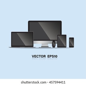 set of computer monitor, laptop, tablet, mobile phones smart phone. Electronic gadget isolated vector illustration