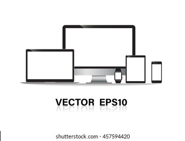 set of computer monitor, laptop, tablet, mobile phones smart phone. Electronic gadget isolated vector illustration