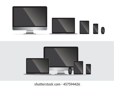 set of computer monitor, laptop, tablet, mobile phones smart phone. Electronic gadget isolated vector illustration