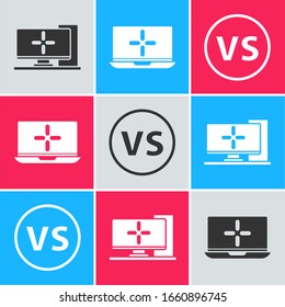 Set Computer monitor, Laptop and VS Versus battle icon. Vector