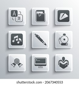Set Computer monitor, Man reading book, Ringing alarm bell, Marker pen, Medal, Music note, tone, Translator and Paper airplane icon. Vector