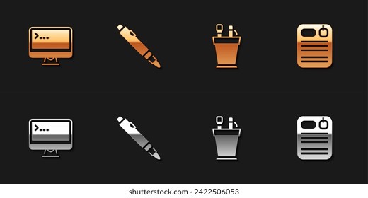 Set Computer monitor, Marker pen, Pencil case stationery and Dossier folder icon. Vector