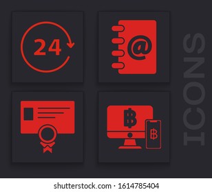Set Computer monitor with mobile phone and bitcoin, American football on tv program, Address book and Certificate template icon. Vector