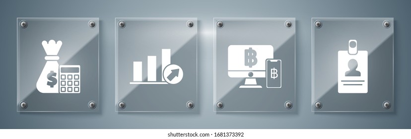 Set Computer monitor with mobile phone and bitcoin, Presentation financial with graph, schedule, chart, diagram, infographic, pie graph and Calculator with money bag. Square glass panels. Vector
