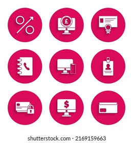 Set Computer monitor and mobile phone, with dollar symbol, Envelope, Identification badge, Credit card lock, Address book, Certificate template and Percent up arrow icon. Vector