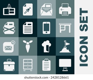 Set Computer monitor, Mountains with flag top, Office desk, Mail and e-mail, File document, Delete file, Identification badge and Mobile phone icon. Vector