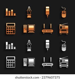 Set Computer monitor, mouse, Printer, Router and wi-fi signal, Calculator, Marker pen, Pie chart infographic and Fountain nib icon. Vector