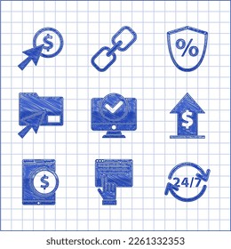 Set Computer monitor, Online shopping screen, Clock 24 hours, Financial growth and coin, Tablet with dollar, Cursor click document folder, Loan percent and  icon. Vector