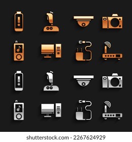 Set Computer monitor, Photo camera, Router and wi-fi signal, Charger, Music player, Motion sensor, Battery charge level indicator and Joystick for arcade machine icon. Vector