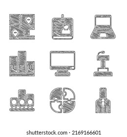 Set Computer monitor, Piece of puzzle, Worker, Stage stand tribune, Ranking star, Award over winner podium, Laptop and Folded map with location icon. Vector